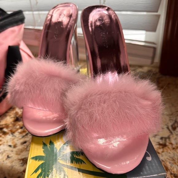 Forever Pink Rabbit Fur and Lucite Heeled "Boudoir" Slides - Picture 3 of 8